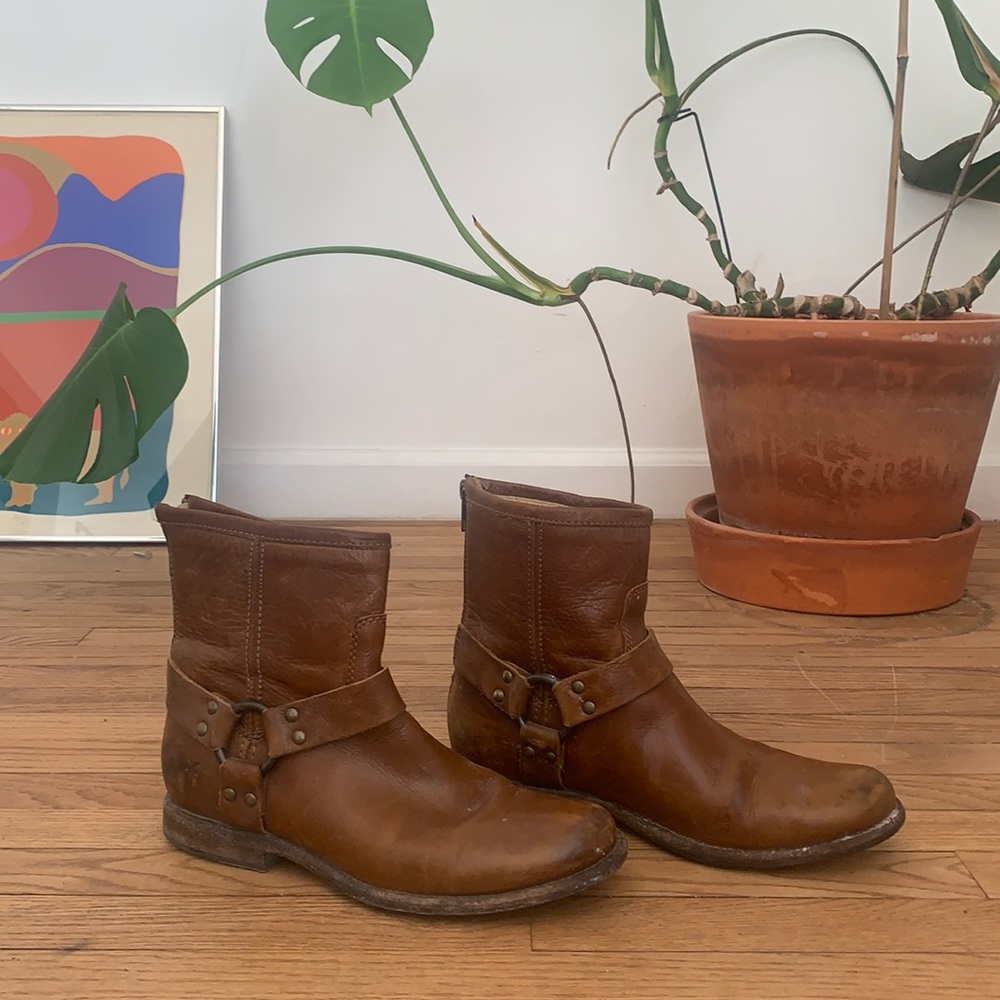 Frye brown leather booties with harness